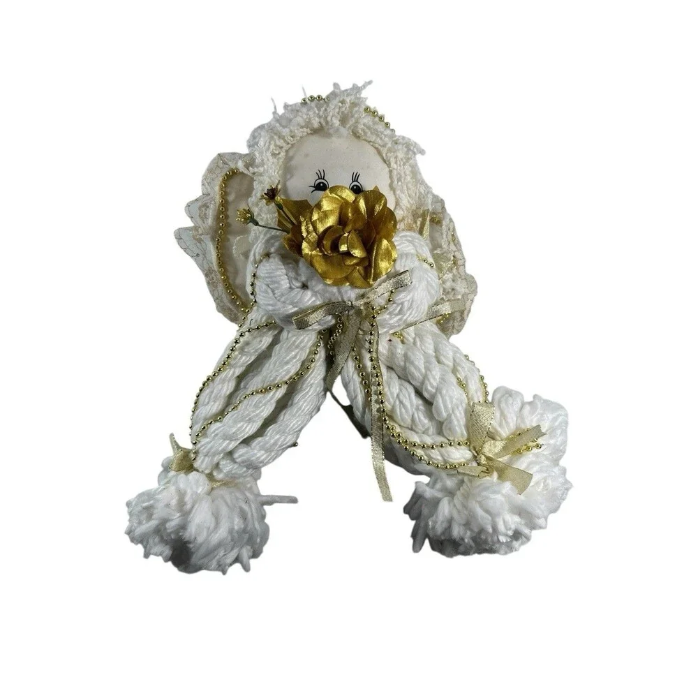 Vintage Yarn Christmas Angel Doll White Gold Shelf Sitter Handmade Holiday Decor